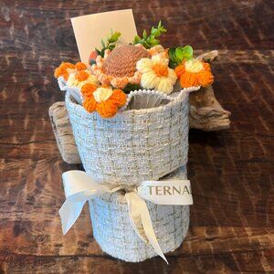 Crochet Flower Bouquet Gift With Orange & Yellow Blooms In Tweed Wrap & Gift Bag